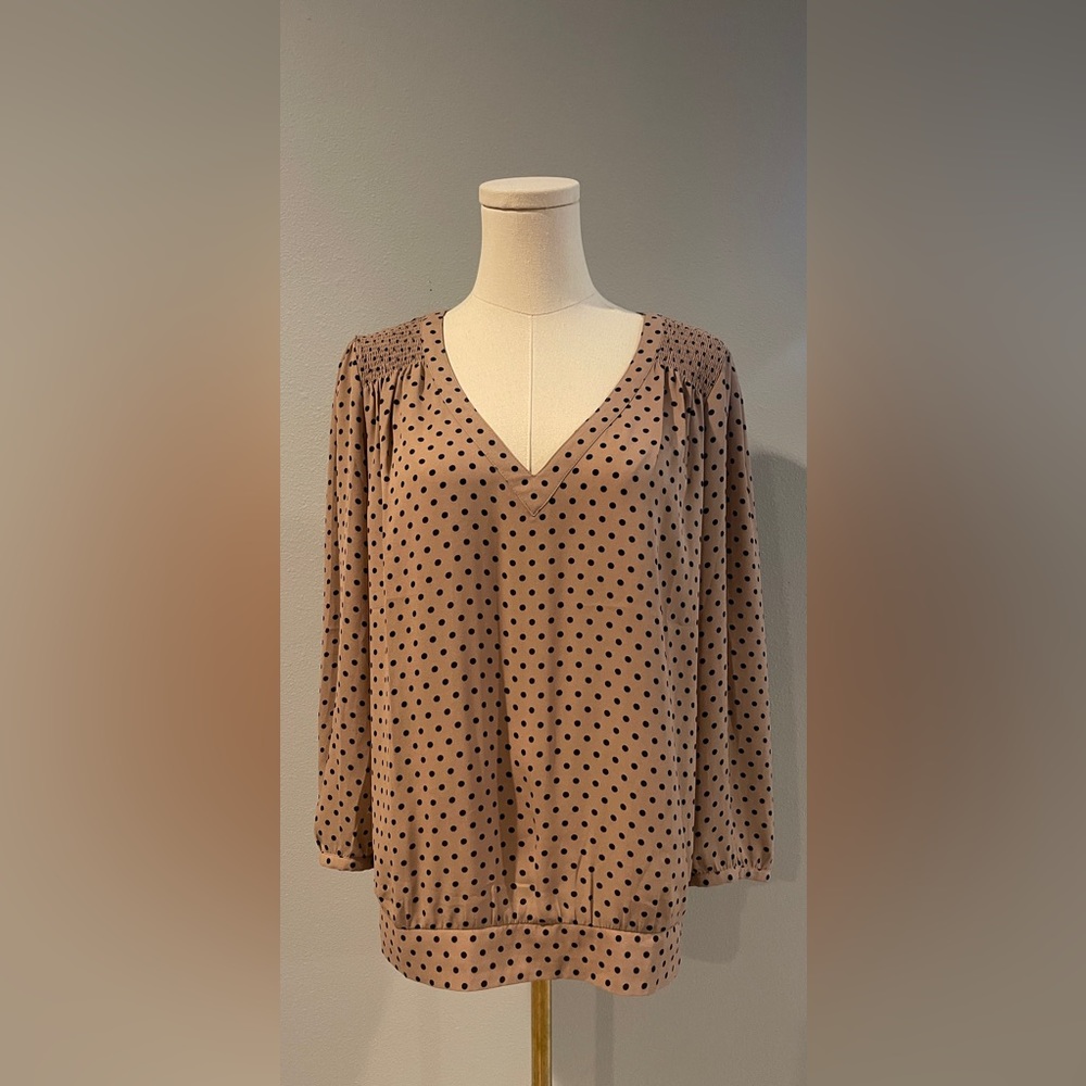 Silky Tan Long Sleeve With Black Polkadots
